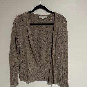 LOFT Lightweight Open-Front Pointelle Cardigan in Taupe